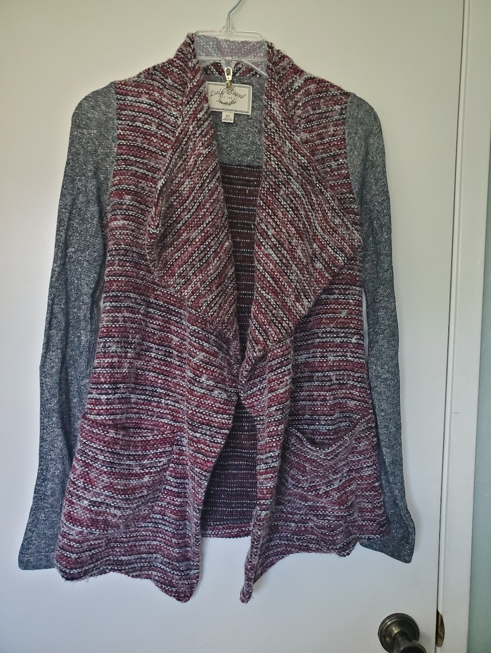 Lucky Brand Women's Red Mixed-media Open Front Cardigan Wool Blend Sz XS Twee